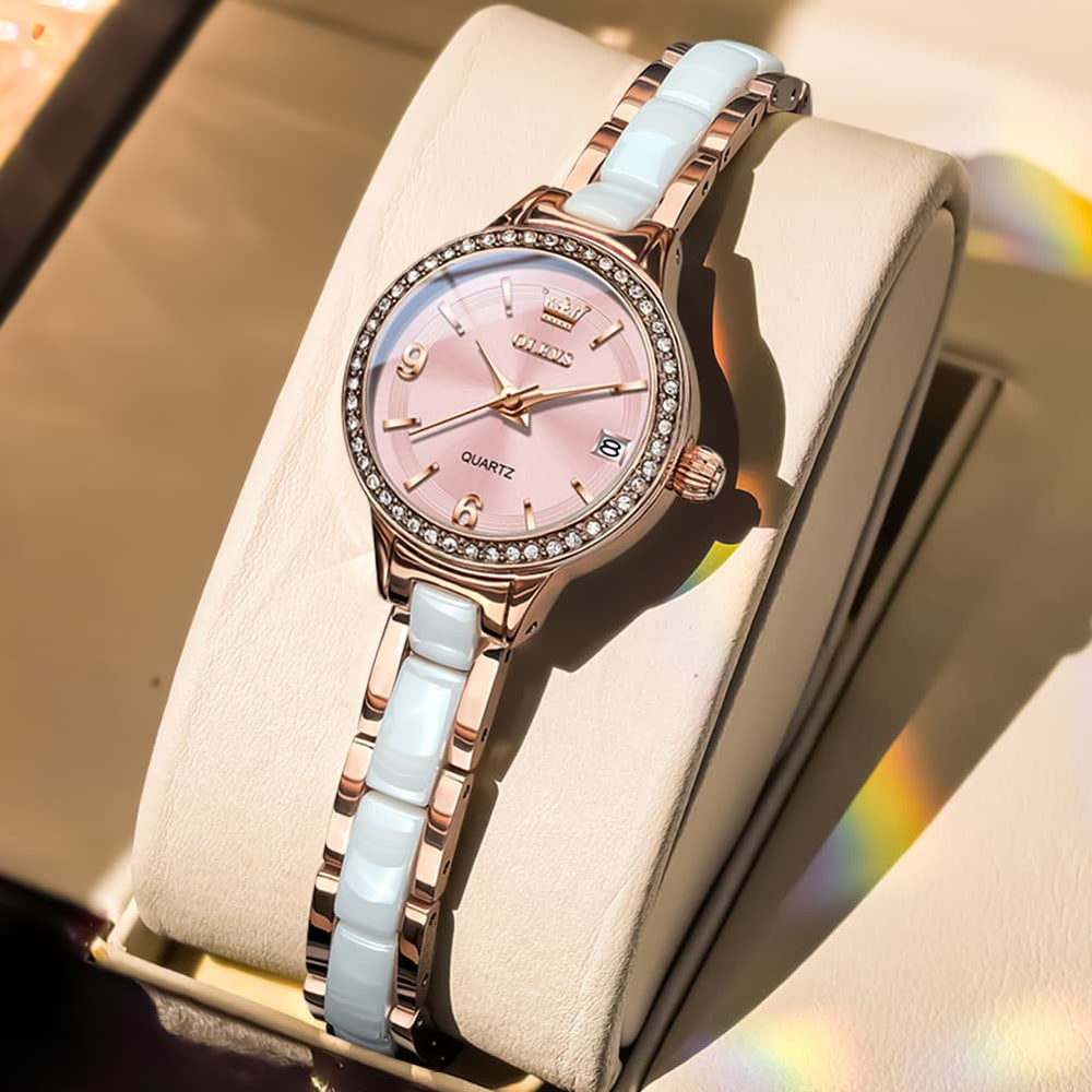 OLEVS 7093 White Ceramic Watch Women Dainty Diamond Bezel Date Quartz Jewelry Timepiece - Silver White | Olevs Watch Store