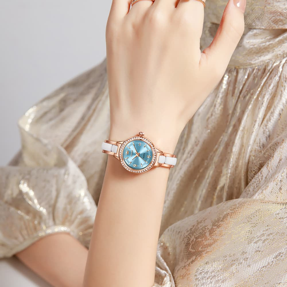 OLEVS 7093 White Ceramic Watch Women Dainty Diamond Bezel Date Quartz Jewelry Timepiece - Silver White | Olevs Watch Store