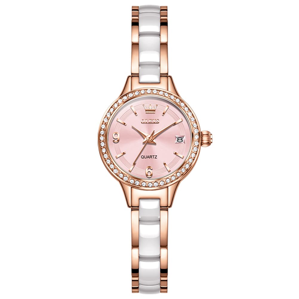 OLEVS 7093 White Ceramic Watch Women Dainty Diamond Bezel Date Quartz Jewelry Timepiece - Silver White | Olevs Watch Store