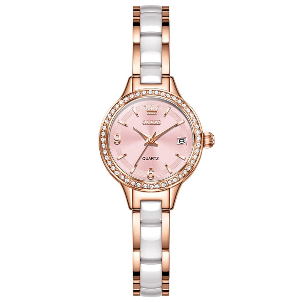 OLEVS 7093 White Ceramic Watch Women Dainty Diamond Bezel Date Quartz Jewelry Timepiece - Silver White | Olevs Watch Store