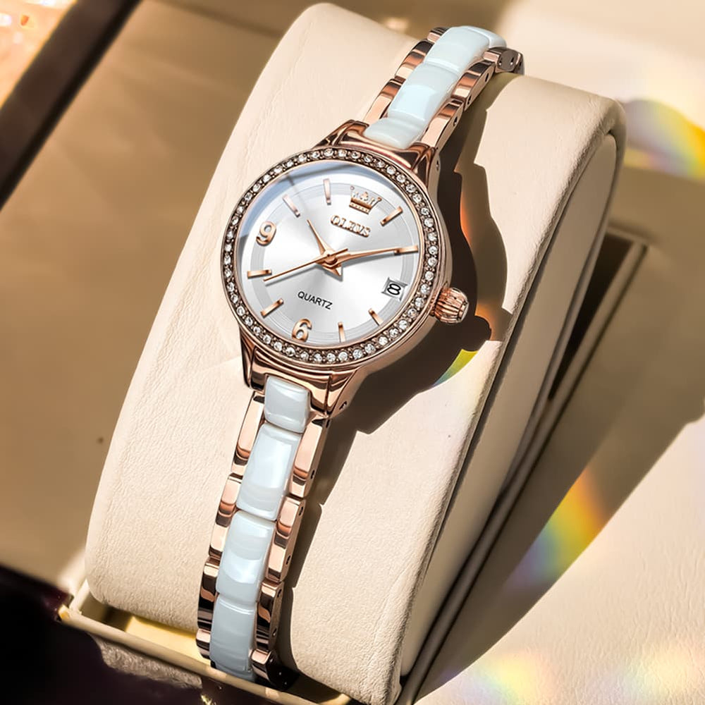 OLEVS 7093 White Ceramic Watch Women Dainty Diamond Bezel Date Quartz Jewelry Timepiece - Silver White | Olevs Watch Store