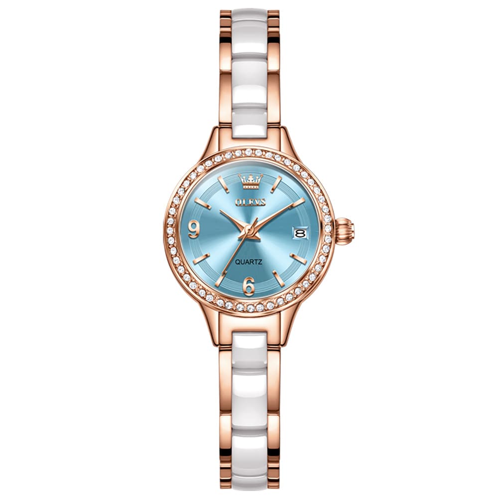 OLEVS 7093 White Ceramic Watch Women Dainty Diamond Bezel Date Quartz Jewelry Timepiece - Silver White | Olevs Watch Store