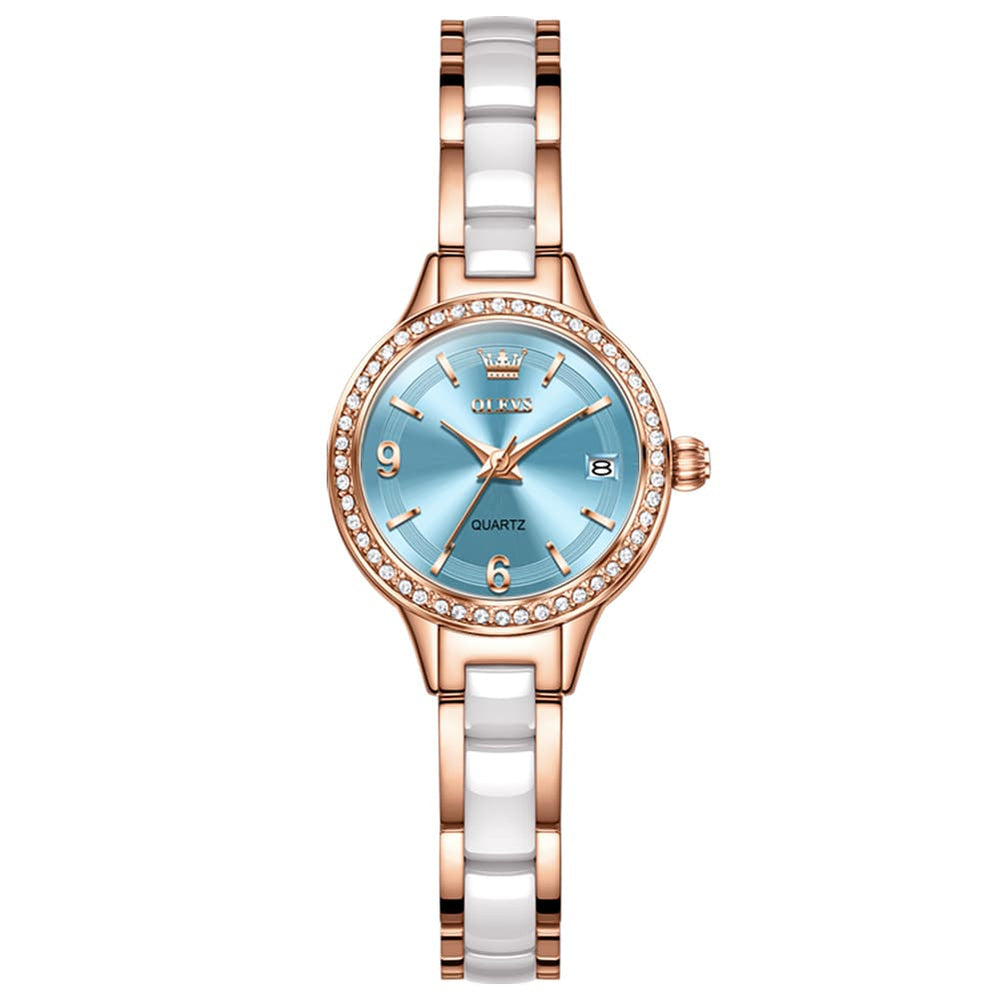 OLEVS 7093 White Ceramic Watch Women Dainty Diamond Bezel Date Quartz Jewelry Timepiece - Silver White | Olevs Watch Store