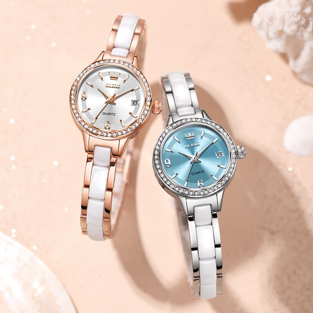 OLEVS 7093 White Ceramic Watch Women Dainty Diamond Bezel Date Quartz Jewelry Timepiece - Silver White | Olevs Watch Store
