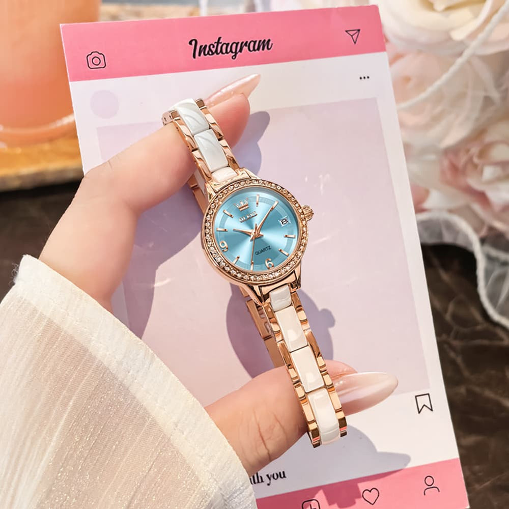 OLEVS 7093 White Ceramic Watch Women Dainty Diamond Bezel Date Quartz Jewelry Timepiece - Silver White | Olevs Watch Store