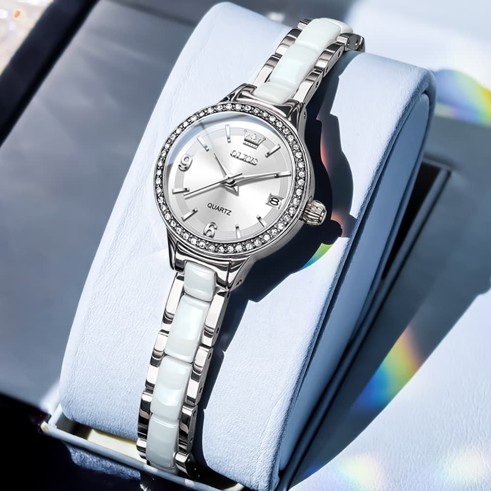 OLEVS 7093 White Ceramic Watch Women Dainty Diamond Bezel Date Quartz Jewelry Timepiece - Silver White | Olevs Watch Store