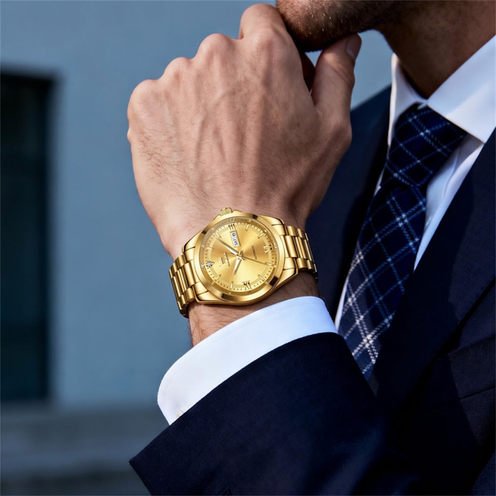 all gold watch worn with business suit - OLEVS 7099