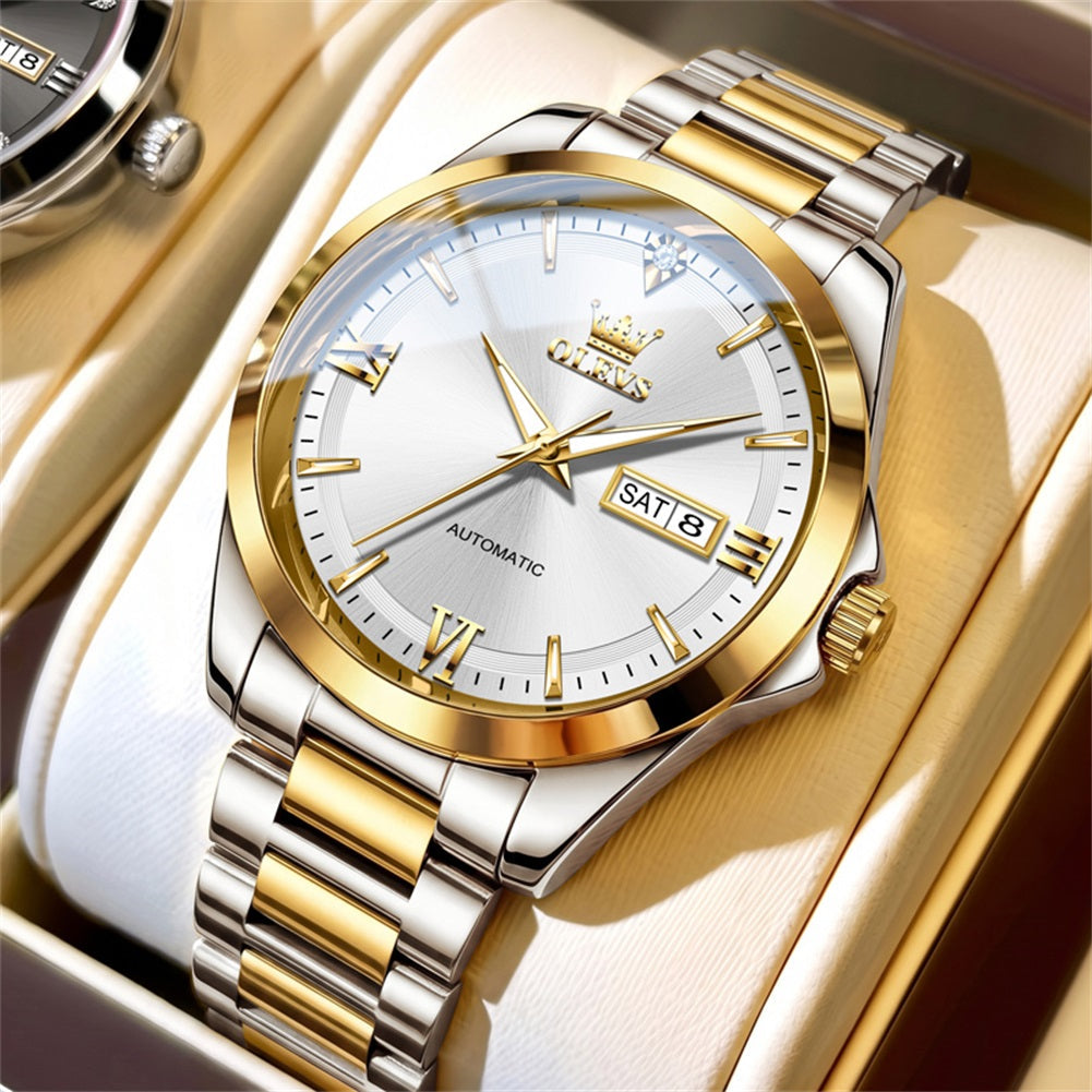 two tone gold white automatic watch for men - OLEVS 7099
