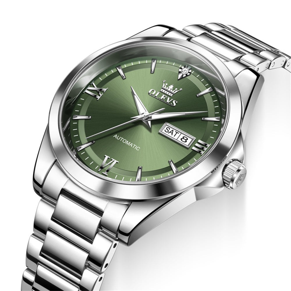 silver green dial closeup - OLEVS 7099