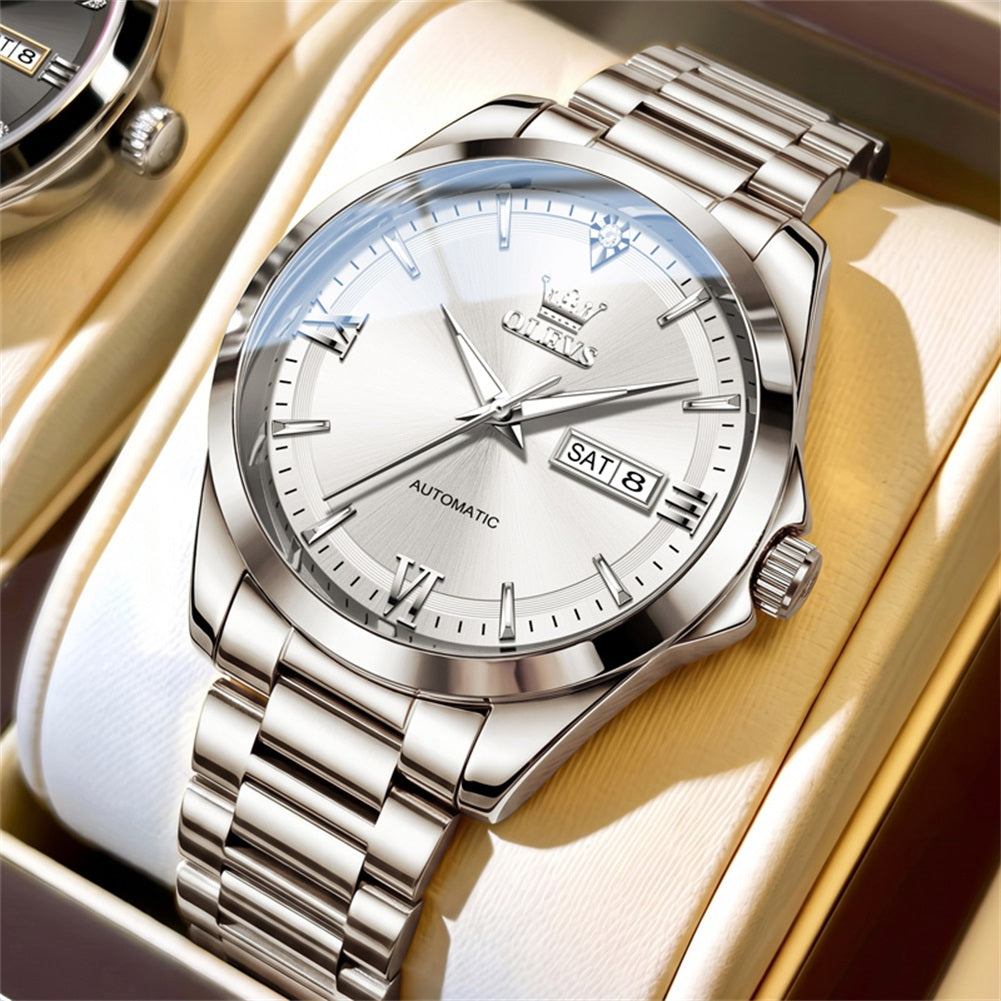 silver white automatic day date watch for men - OLEVS 7099
