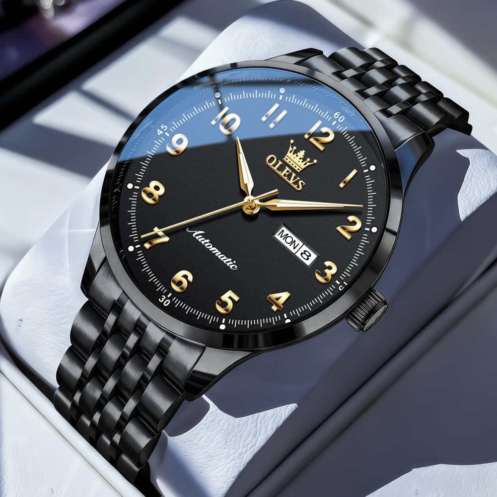 OLEVS 7100 Arabic Numeral Dual Calendar Automatic Watch For Men - All Black Watch | Olevs Watch Store