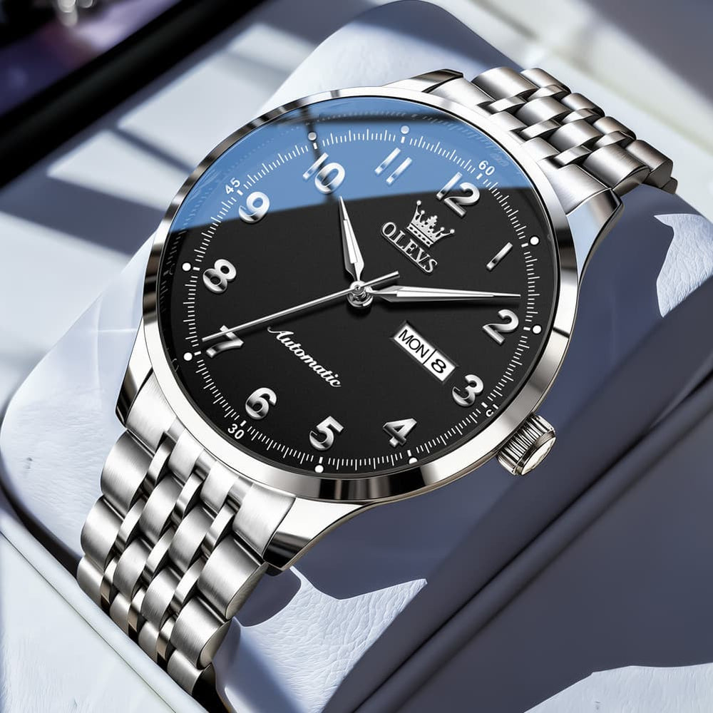 OLEVS 7100 Arabic Numeral Dual Calendar Automatic Watch For Men - Silver Black Watch | Olevs Watch Store