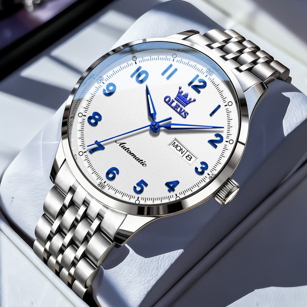 OLEVS 7100 Arabic Numeral Dual Calendar Automatic Watch For Men - Silver Blue Watch | Olevs Watch Store