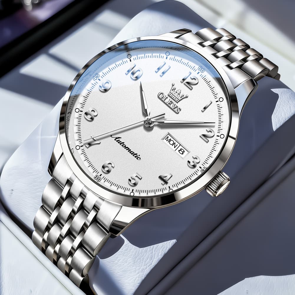OLEVS 7100 Arabic Numeral Dual Calendar Automatic Watch For Men - Silver White Watch | Olevs Watch Store