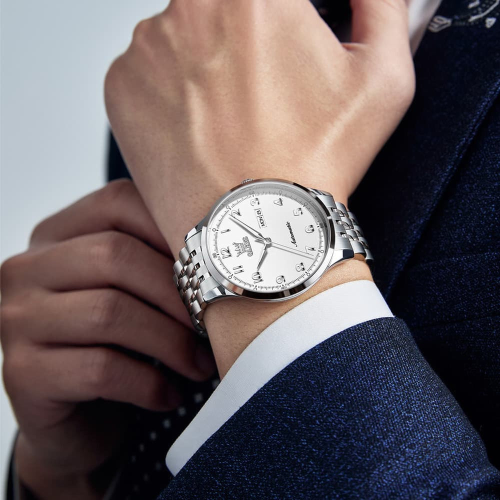 OLEVS 7100 Arabic Numeral Dual Calendar Automatic Watch For Men - Two Tone White Watch | Olevs Watch Store