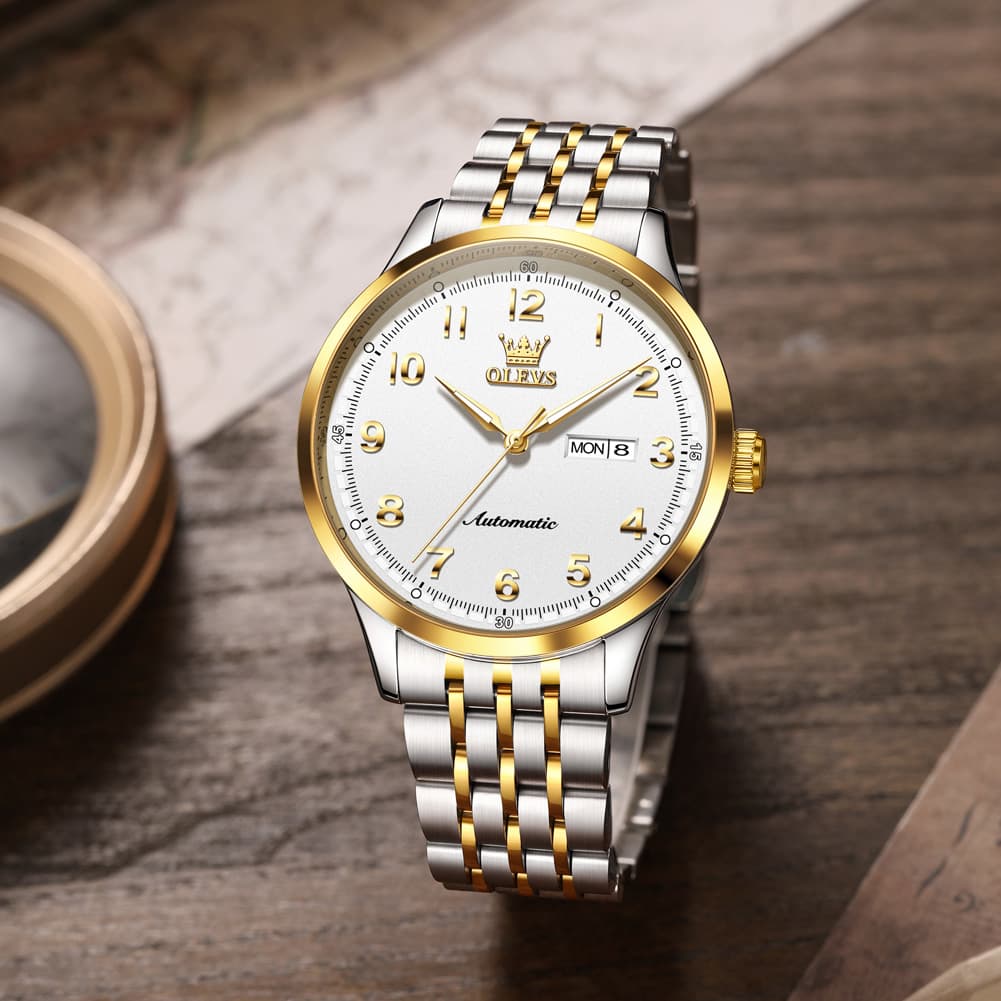 OLEVS 7100 Arabic Numeral Dual Calendar Automatic Watch For Men - Two Tone White Watch | Olevs Watch Store