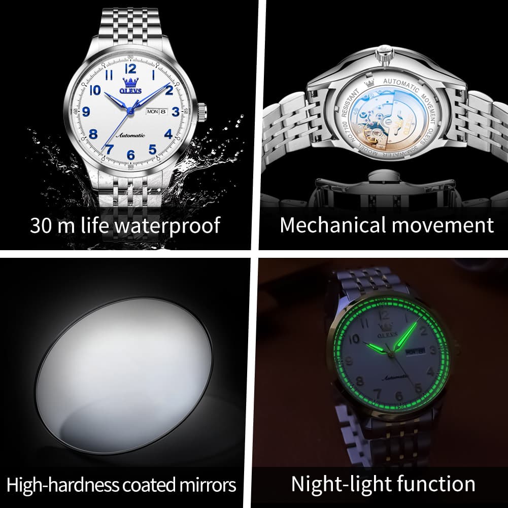 OLEVS 7100 Arabic Numeral Dual Calendar Automatic Watch For Men - Two Tone White Watch | Olevs Watch Store
