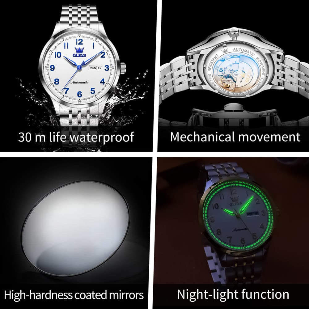 OLEVS 7100 Arabic Numeral Dual Calendar Automatic Watch For Men - Two Tone White Watch | Olevs Watch Store