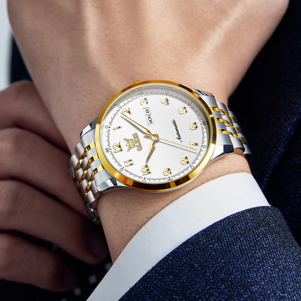 OLEVS 7100 Arabic Numeral Dual Calendar Automatic Watch For Men - Two Tone White Watch | Olevs Watch Store