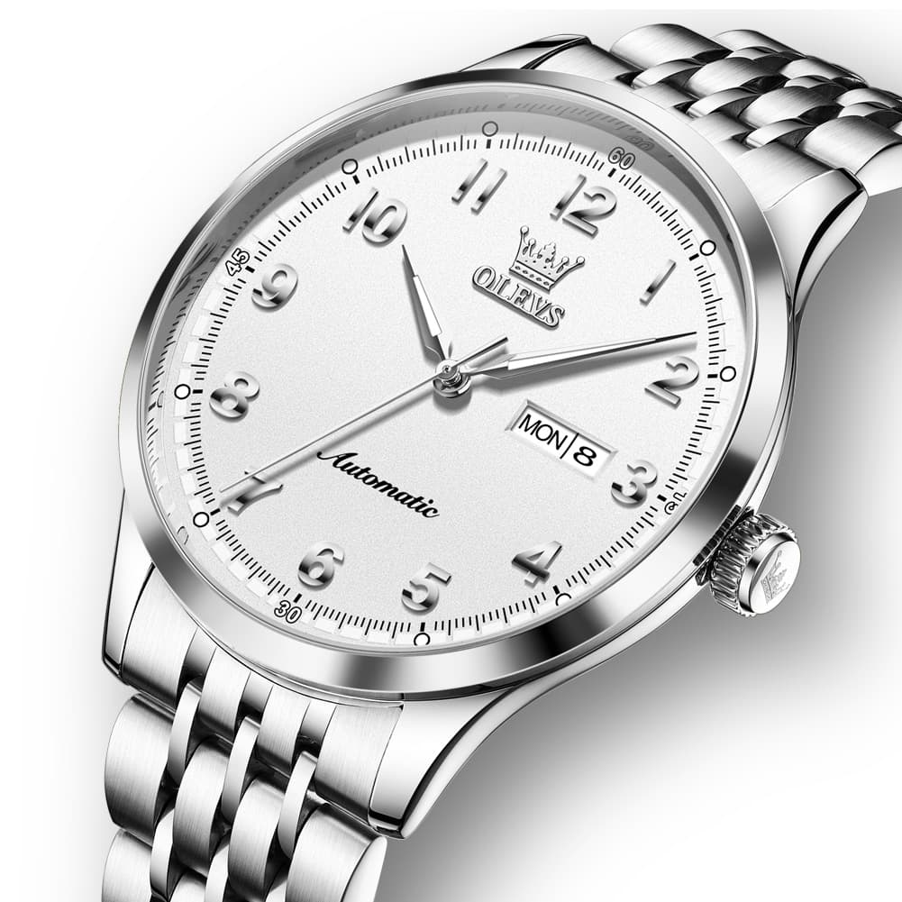 OLEVS 7100 Arabic Numeral Dual Calendar Automatic Watch For Men - Two Tone White Watch | Olevs Watch Store