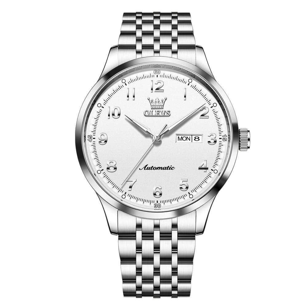 OLEVS 7100 Arabic Numeral Dual Calendar Automatic Watch For Men - Two Tone White Watch | Olevs Watch Store