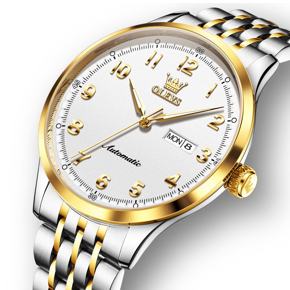 OLEVS 7100 Arabic Numeral Dual Calendar Automatic Watch For Men - Two Tone White Watch | Olevs Watch Store