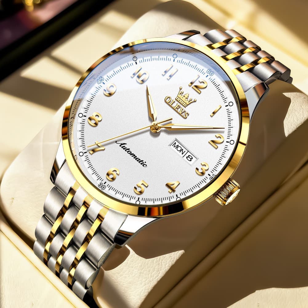 OLEVS 7100 Arabic Numeral Dual Calendar Automatic Watch For Men - Two Tone White Watch | Olevs Watch Store