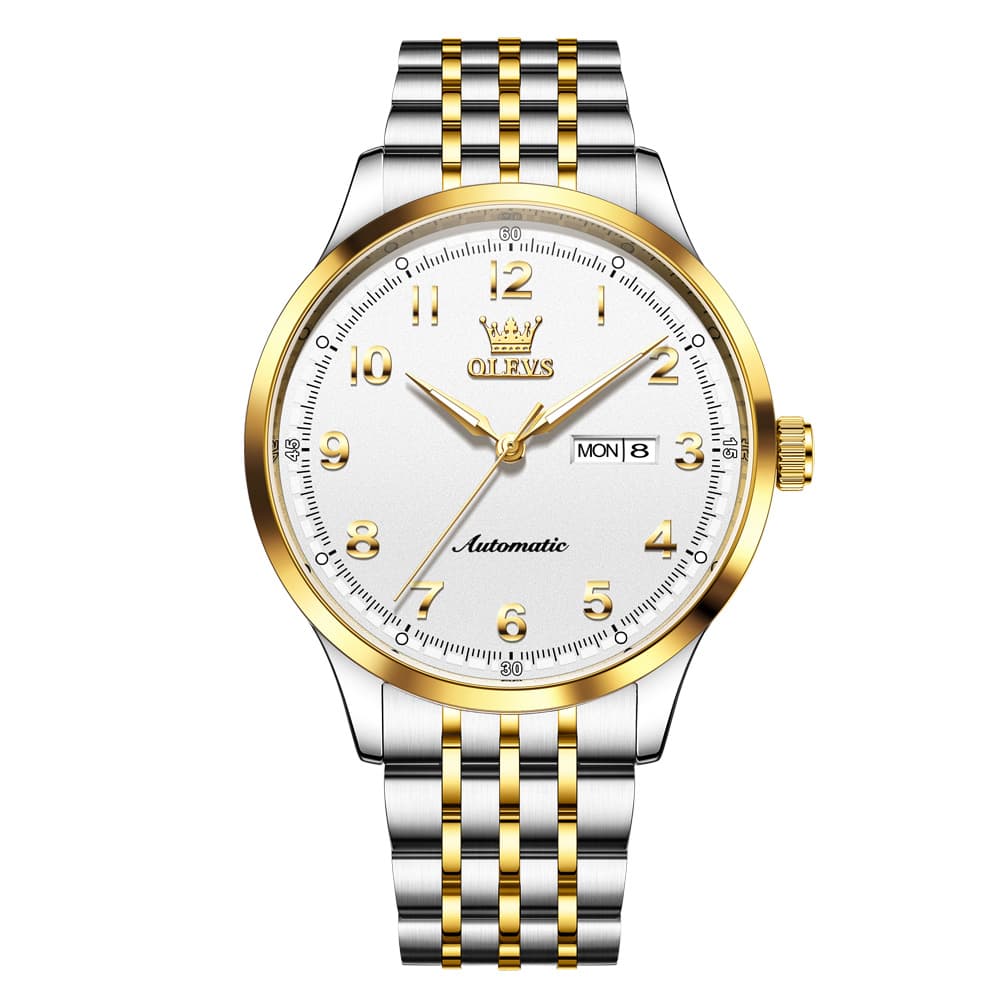 OLEVS 7100 Arabic Numeral Dual Calendar Automatic Watch For Men - Two Tone White Watch | Olevs Watch Store