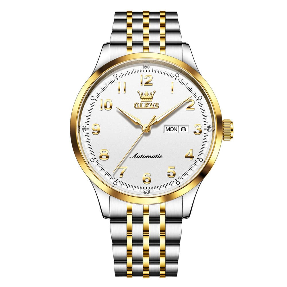 OLEVS 7100 Arabic Numeral Dual Calendar Automatic Watch For Men - Two Tone White Watch | Olevs Watch Store