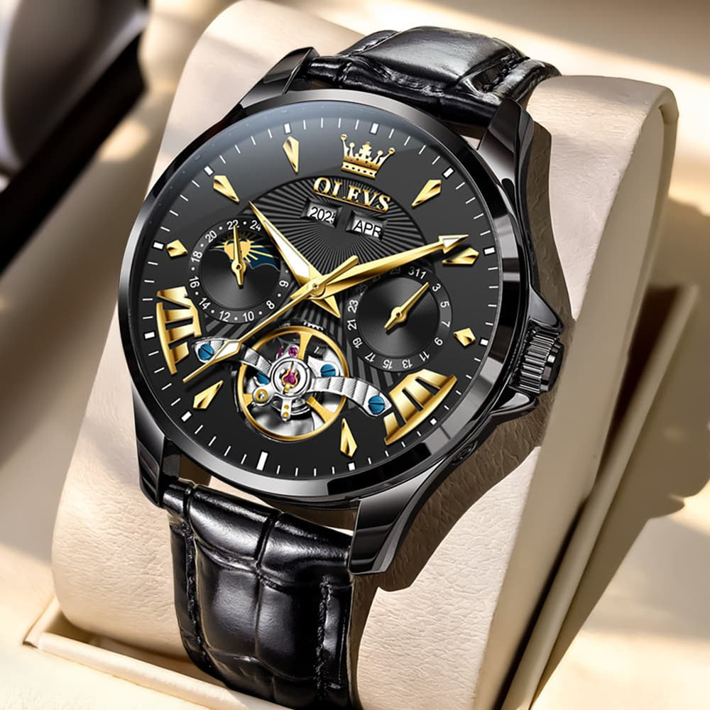 OLEVS 7103 Open Heart Leather Automatic Watch For Men - All Black Watch | Olevs Watch Store
