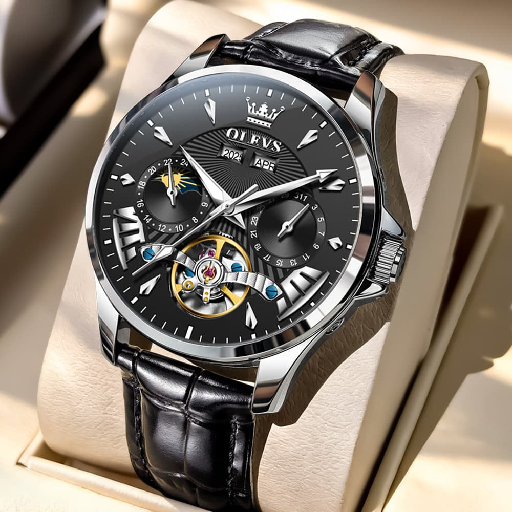 OLEVS 7103 Open Heart Leather Automatic Watch For Men - Silver Black Watch | Olevs Watch Store