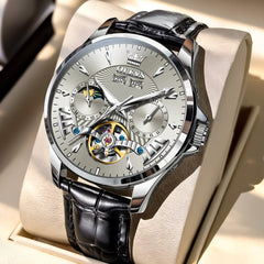 OLEVS 7103 Open Heart Leather Automatic Watch For Men - Silver Grey Watch | Olevs Watch Store