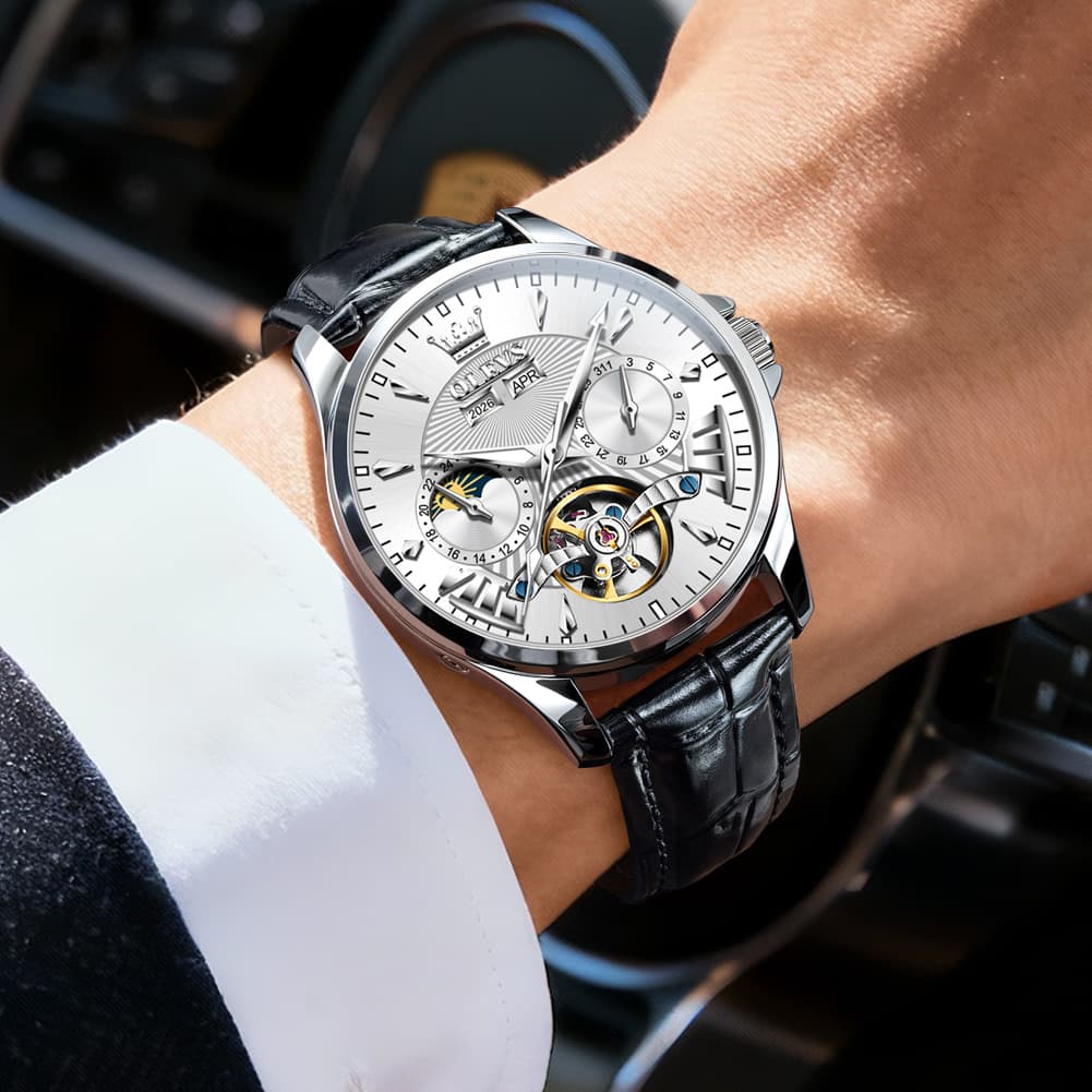 OLEVS 7103 Open Heart Leather Automatic Watch For Men - Silver White Watch | Olevs Watch Store