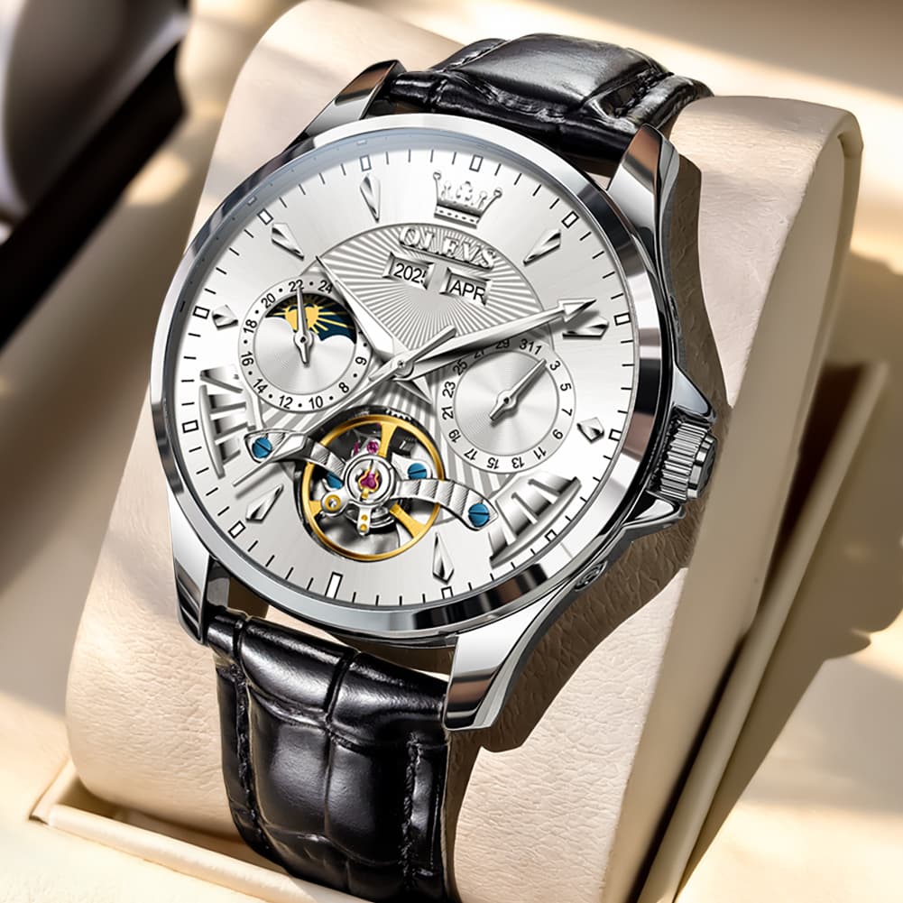 OLEVS 7103 Open Heart Leather Automatic Watch For Men - Silver White Watch | Olevs Watch Store