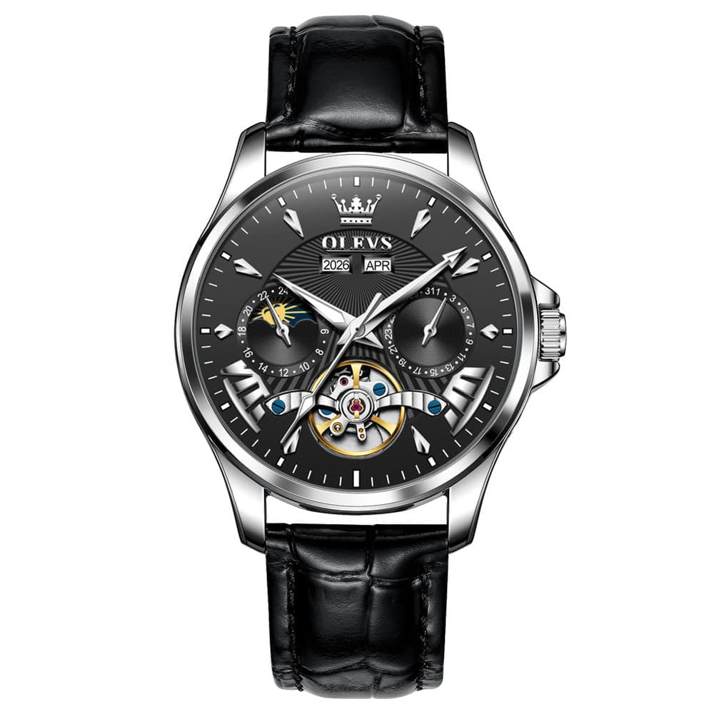 OLEVS 7103 Open Heart Leather Automatic Watch For Men - Silver White Watch | Olevs Watch Store
