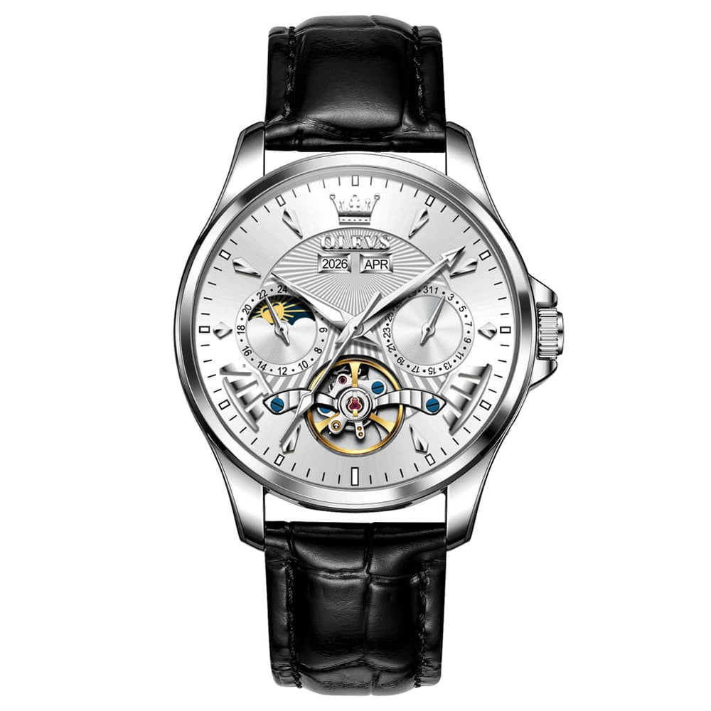 OLEVS 7103 Open Heart Leather Automatic Watch For Men - Silver White Watch | Olevs Watch Store