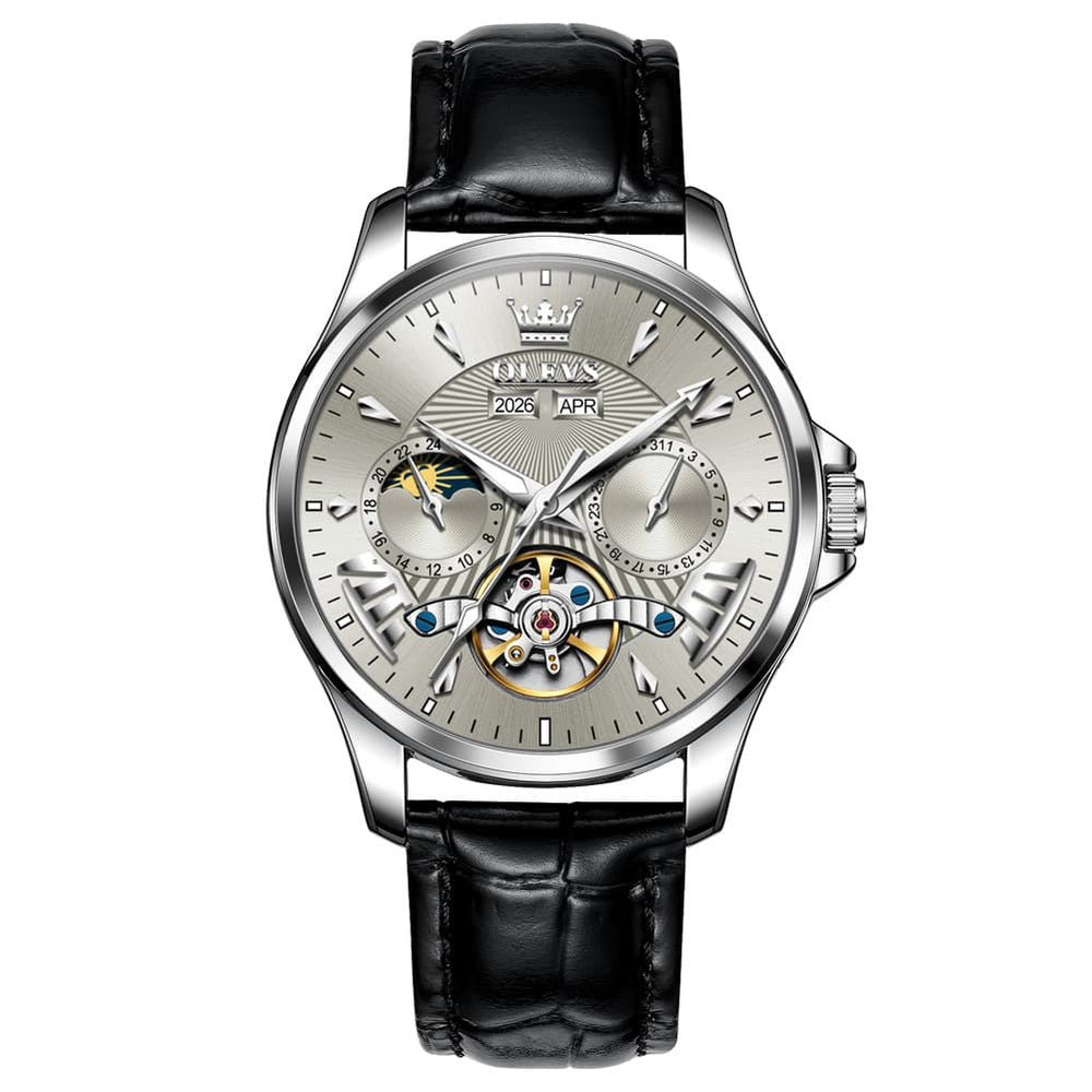 OLEVS 7103 Open Heart Leather Automatic Watch For Men - Silver White Watch | Olevs Watch Store