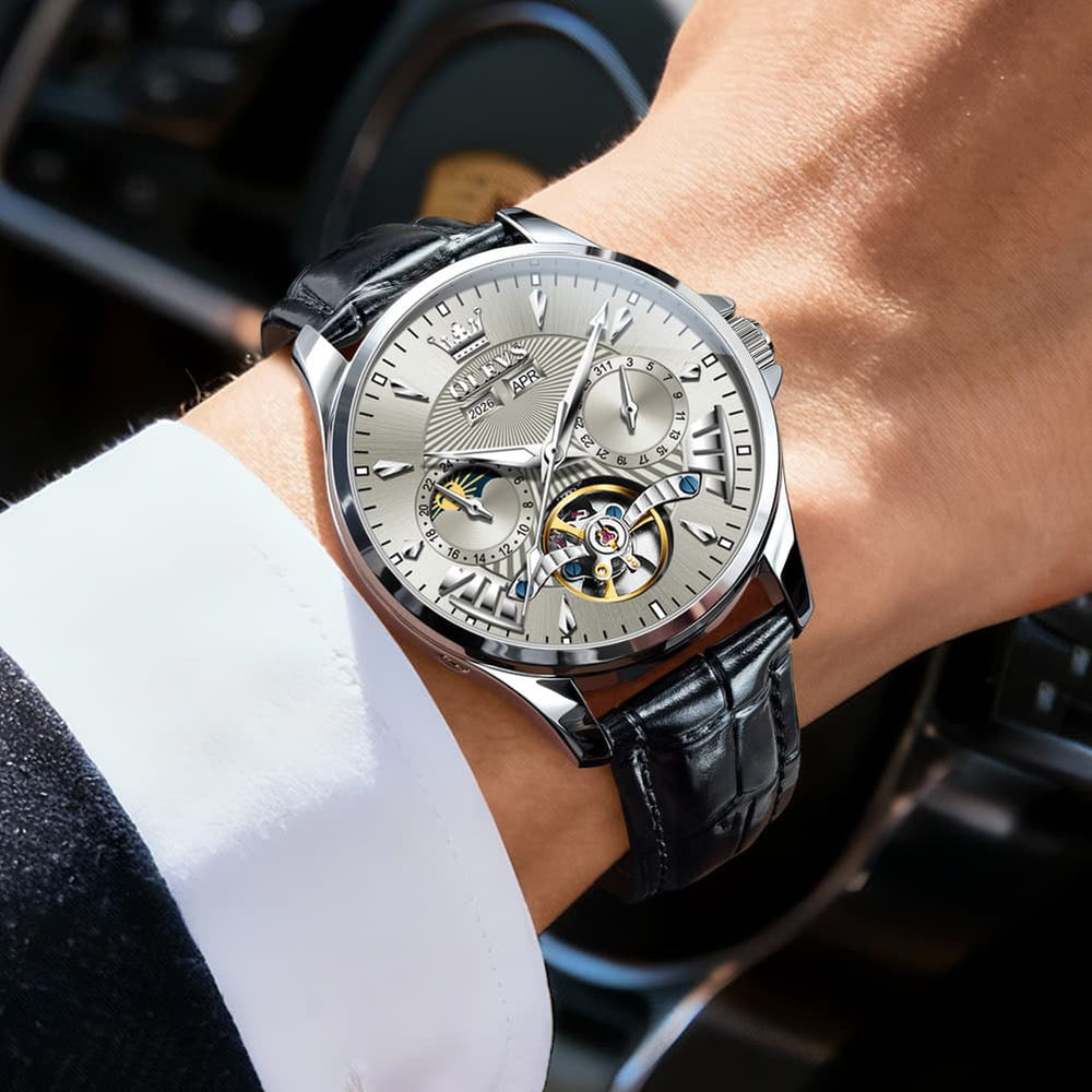 OLEVS 7103 Open Heart Leather Automatic Watch For Men - Silver White Watch | Olevs Watch Store