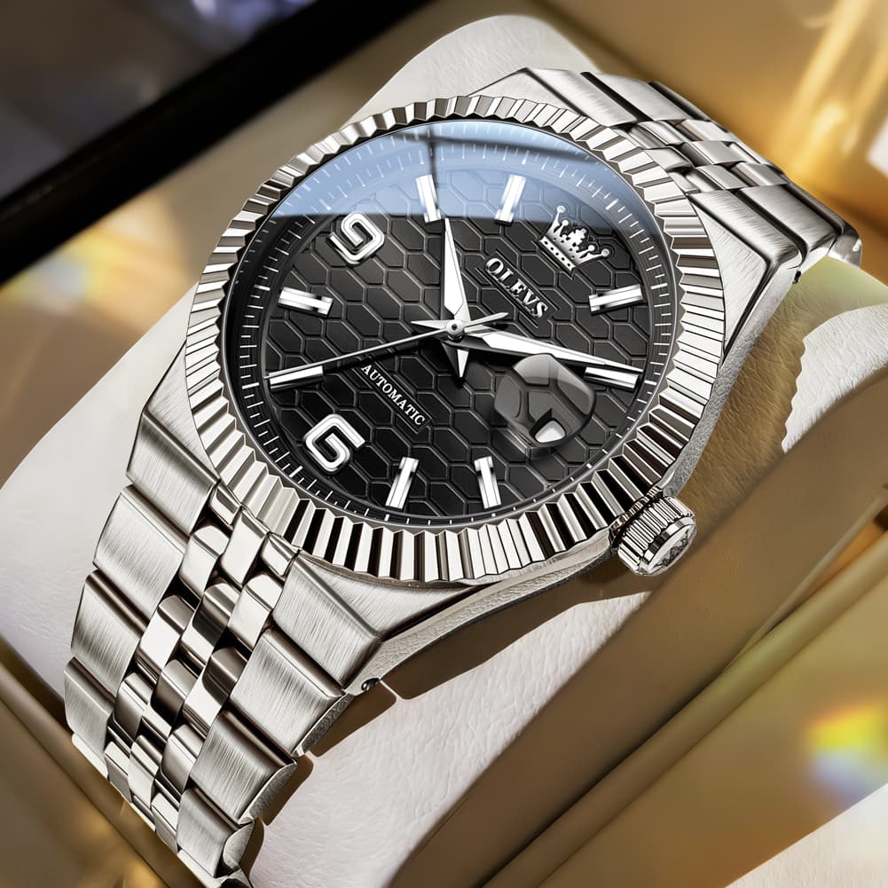 OLEVS 7105 Fluted Bezel Automatic Mechanical Luxury Dress Watch for Men - All Black Watch | Olevs Watch Store
