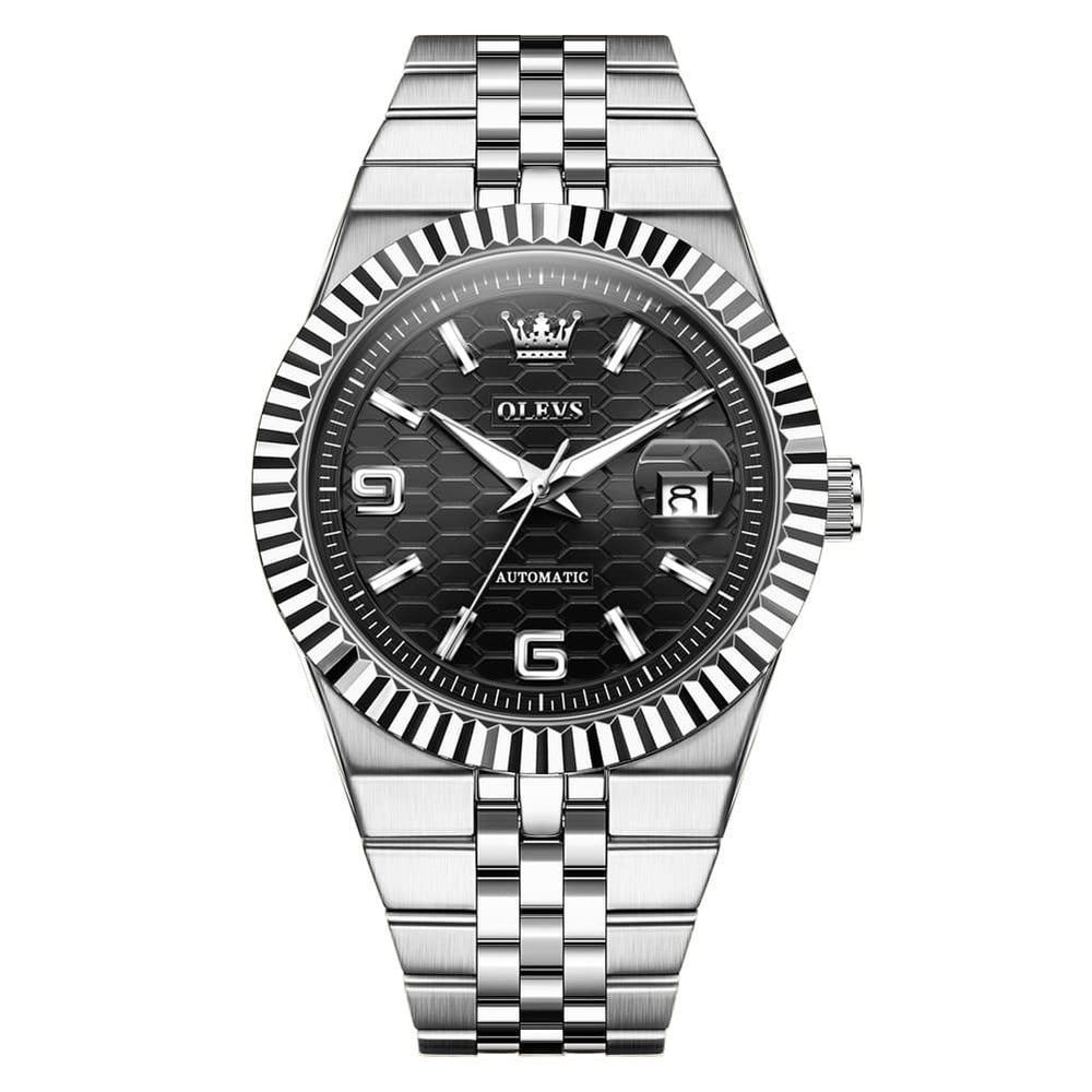 OLEVS 7105 Fluted Bezel Automatic Mechanical Luxury Dress Watch for Men - All Silver Watch | Olevs Watch Store