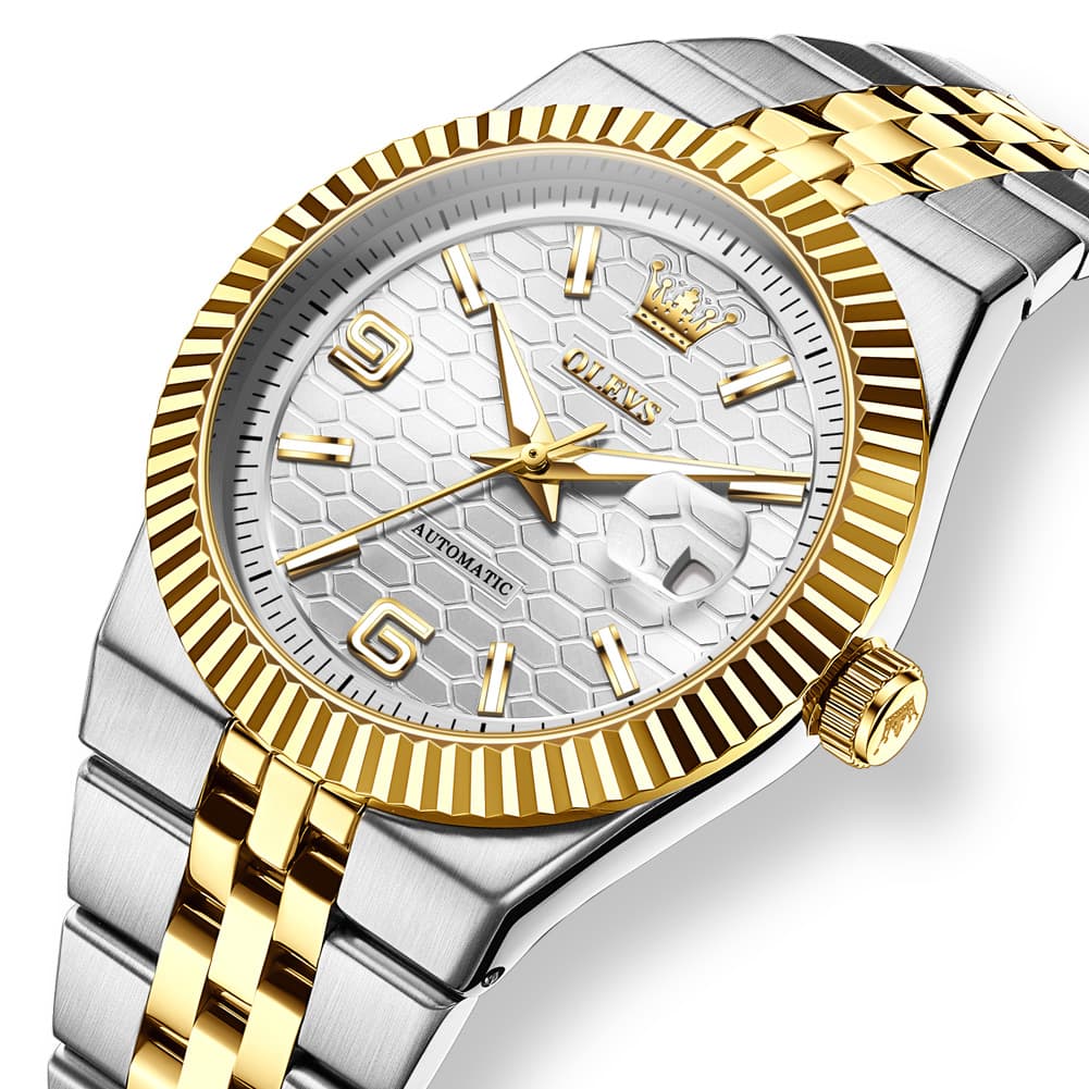 OLEVS 7105 Fluted Bezel Automatic Mechanical Luxury Dress Watch for Men - All Silver Watch | Olevs Watch Store