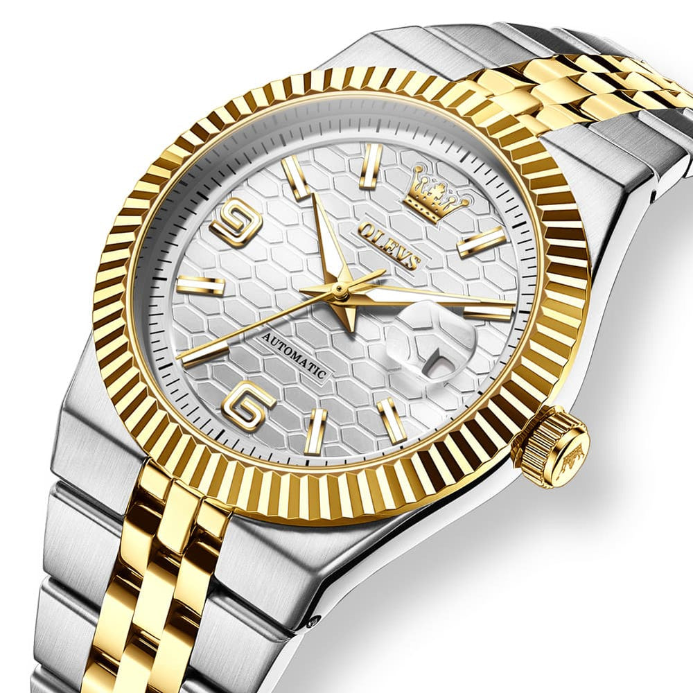 OLEVS 7105 Fluted Bezel Automatic Mechanical Luxury Dress Watch for Men - All Silver Watch | Olevs Watch Store