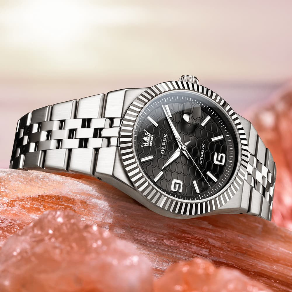OLEVS 7105 Fluted Bezel Automatic Mechanical Luxury Dress Watch for Men - All Silver Watch | Olevs Watch Store