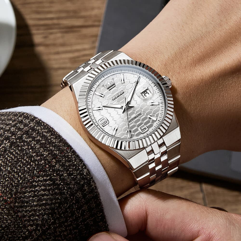 OLEVS 7105 Fluted Bezel Automatic Mechanical Luxury Dress Watch for Men - All Silver Watch | Olevs Watch Store