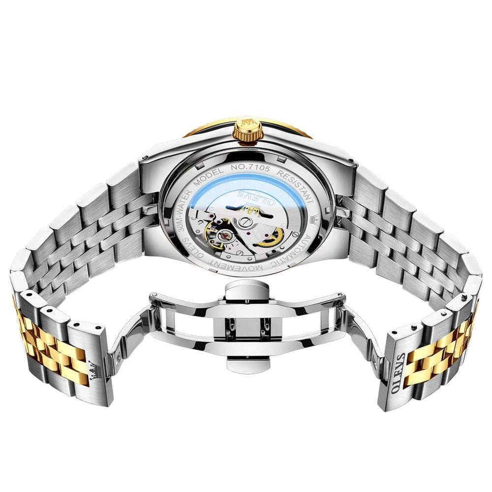 OLEVS 7105 Fluted Bezel Automatic Mechanical Luxury Dress Watch for Men - All Silver Watch | Olevs Watch Store