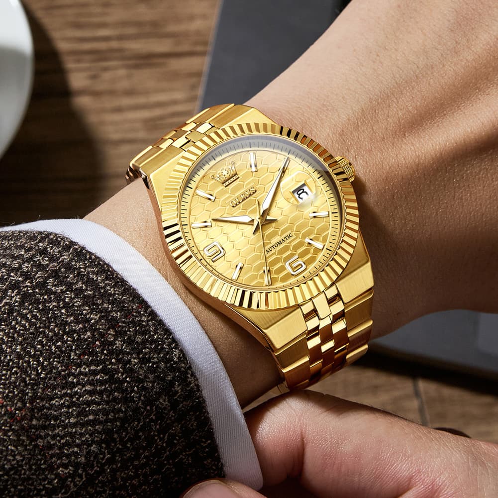OLEVS 7105 Fluted Bezel Automatic Mechanical Luxury Dress Watch for Men - All Silver Watch | Olevs Watch Store