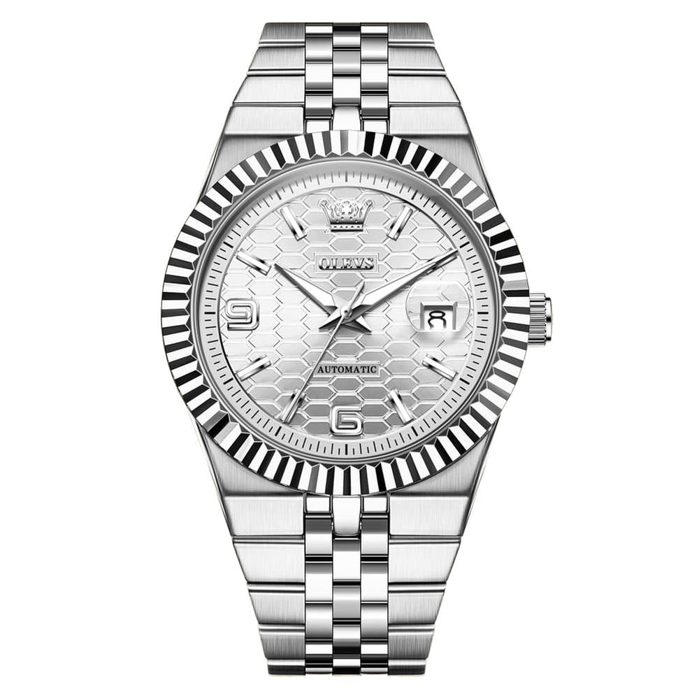 OLEVS 7105 Fluted Bezel Automatic Mechanical Luxury Dress Watch for Men - All Silver Watch | Olevs Watch Store
