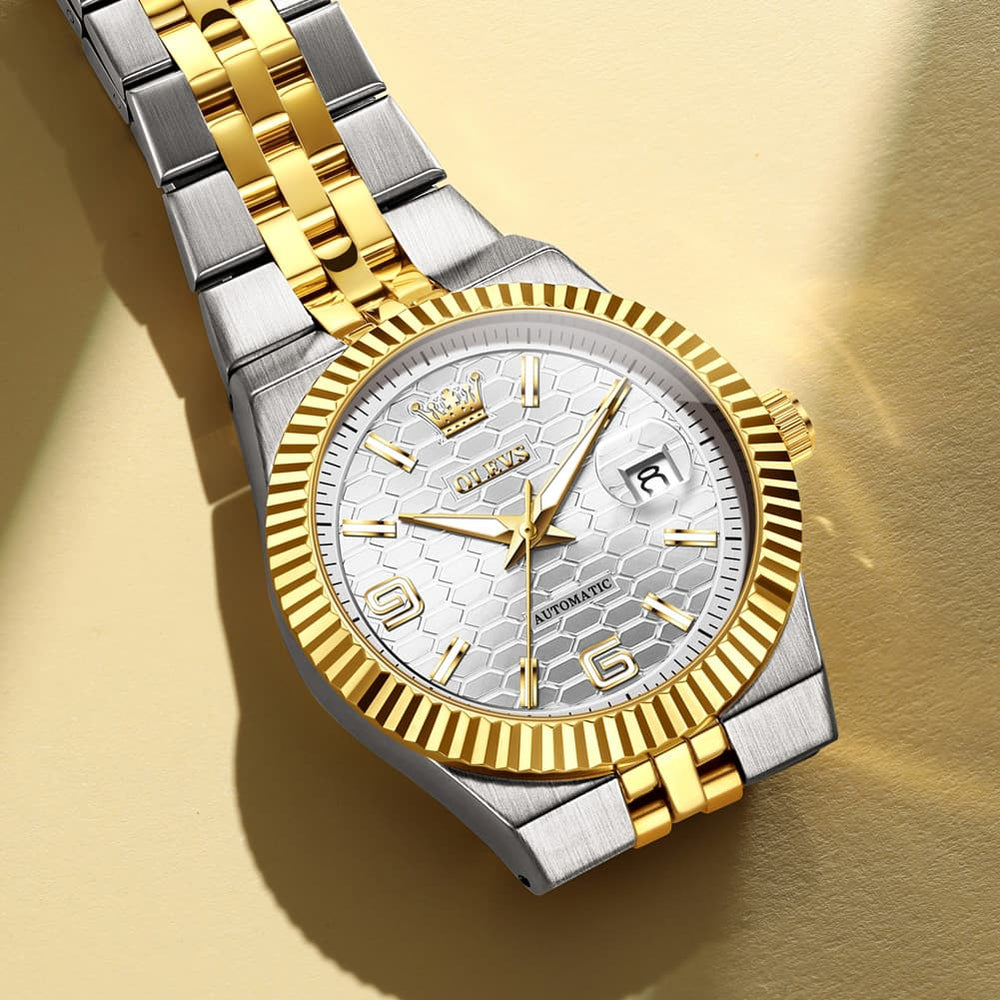OLEVS 7105 Fluted Bezel Automatic Mechanical Luxury Dress Watch for Men - All Silver Watch | Olevs Watch Store
