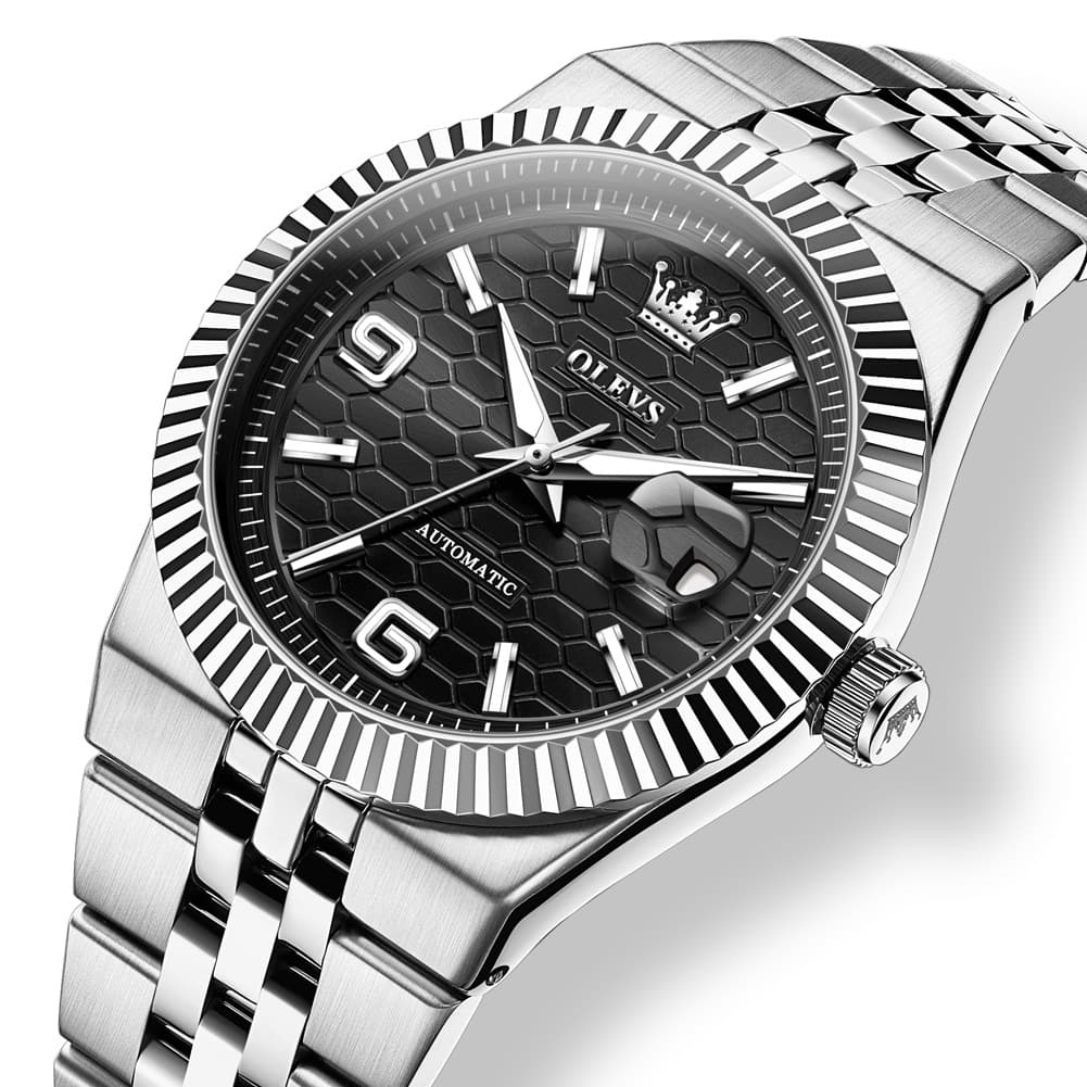 OLEVS 7105 Fluted Bezel Automatic Mechanical Luxury Dress Watch for Men - All Silver Watch | Olevs Watch Store