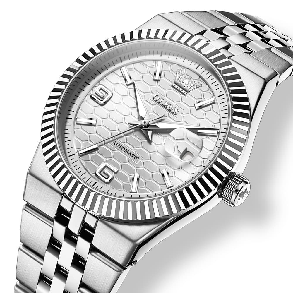 OLEVS 7105 Fluted Bezel Automatic Mechanical Luxury Dress Watch for Men - All Silver Watch | Olevs Watch Store